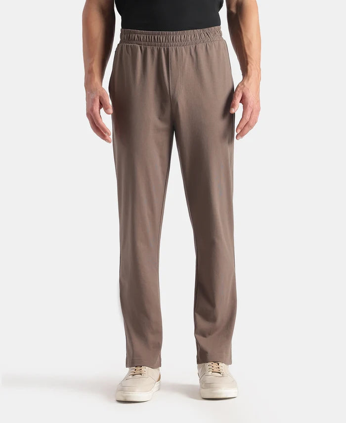 Super Combed Cotton Rich Straight Fit Trackpants with Side and Zipper Media Pockets - Dark Khaki