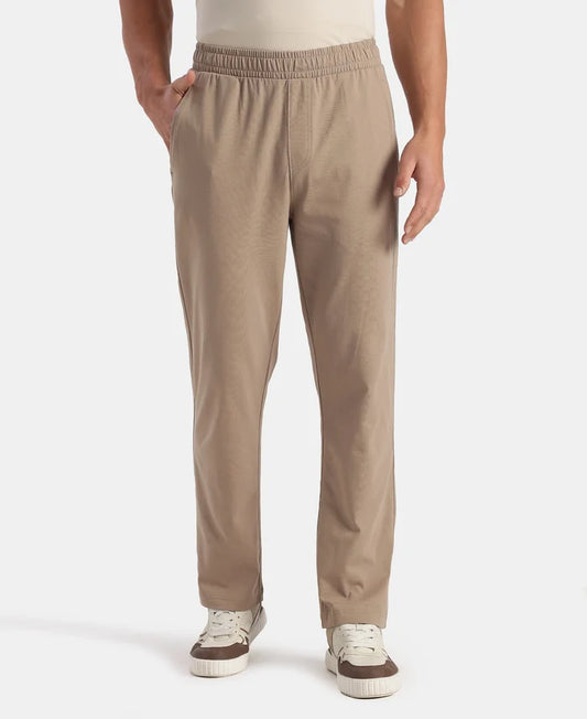 Super Combed Cotton Rich Straight Fit Trackpants with Side and Zipper Media Pockets - Desert Taupe
