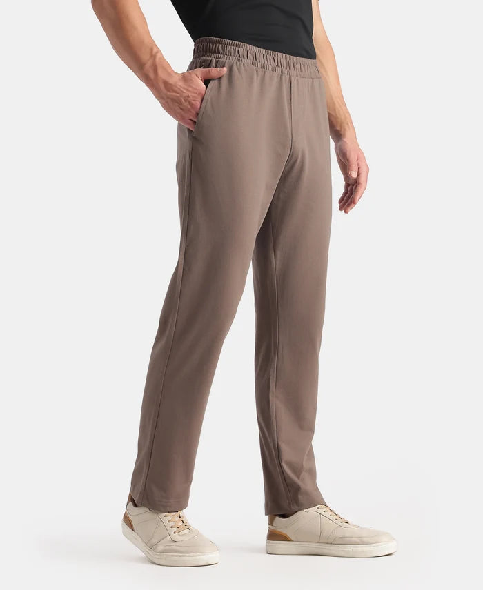 Super Combed Cotton Rich Straight Fit Trackpants with Side and Zipper Media Pockets - Dark Khaki