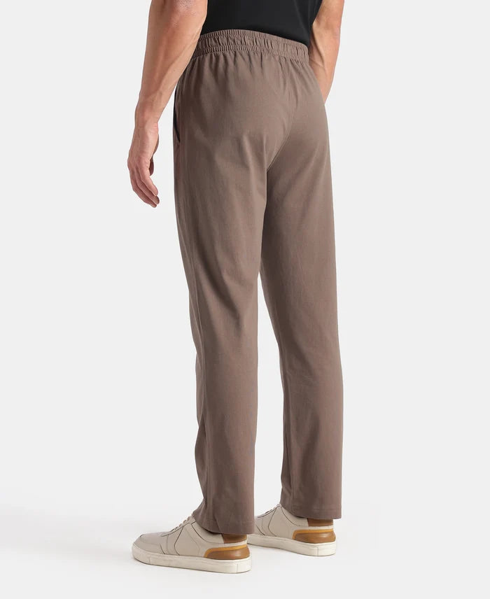 Super Combed Cotton Rich Straight Fit Trackpants with Side and Zipper Media Pockets - Dark Khaki