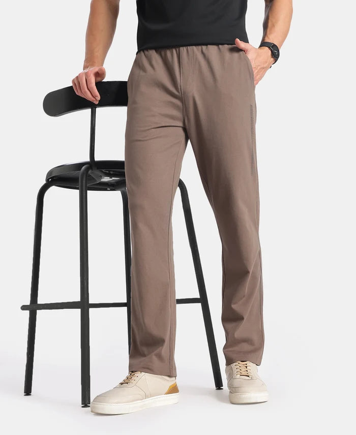 Super Combed Cotton Rich Straight Fit Trackpants with Side and Zipper Media Pockets - Dark Khaki