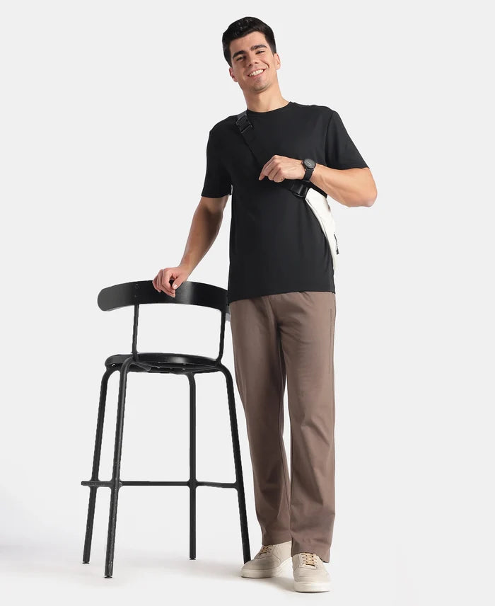 Super Combed Cotton Rich Straight Fit Trackpants with Side and Zipper Media Pockets - Dark Khaki