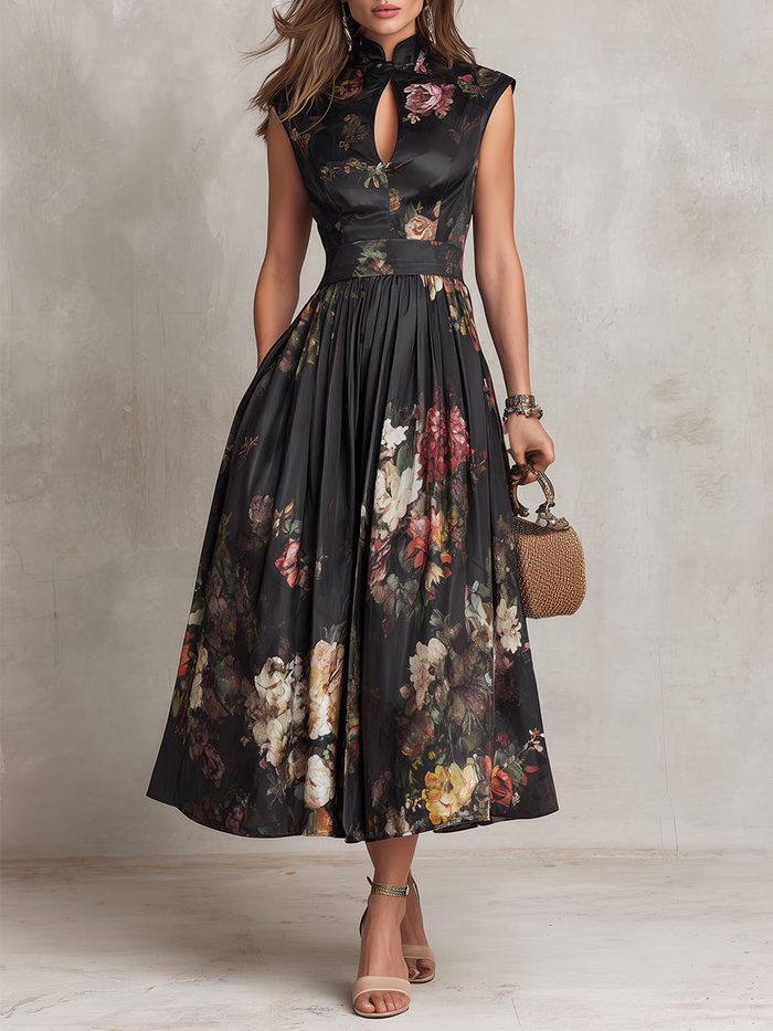 Violetta – Black pleated satin midi dress with floral pattern and keyhole neckline ✨