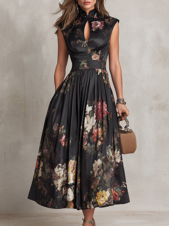 Violetta – Black pleated satin midi dress with floral pattern and keyhole neckline ✨