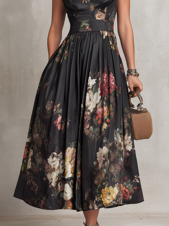Violetta – Black pleated satin midi dress with floral pattern and keyhole neckline ✨