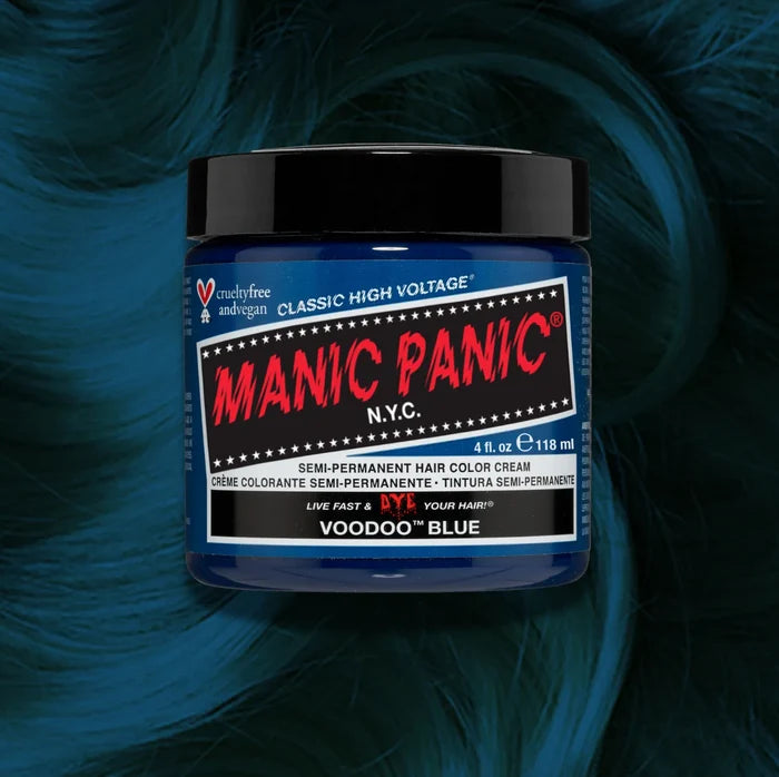 Manic Panic Classic High Voltage semi-permanent hair dye in shade Voodoo Blue a vibrant, vegan hair color. Image shows a jar of Voodoo Blue hair dye placed on top of a wavy blue green hair swatch.