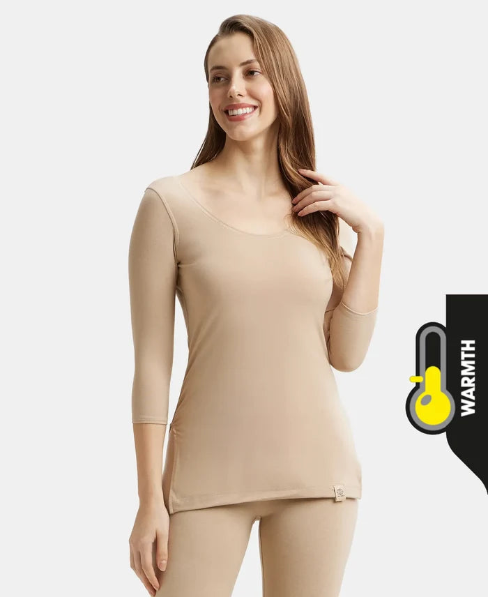 Warmth Soft Touch Microfiber Elastane Stretch Three Quarter Sleeve Thermal Top with StayWarm Technology - Skin