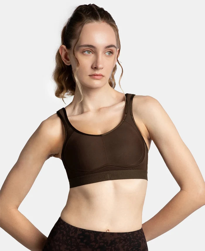 Wirefree Non Padded Microfiber Elastane Stretch Full Coverage Sports Bra with StayDry Treatment - Coffee